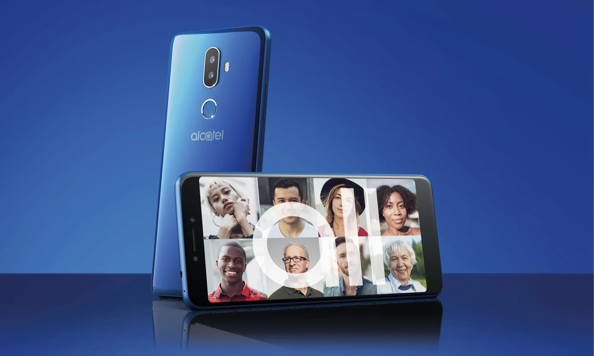 Alcatel 3V handset key visual on a deep blue background
